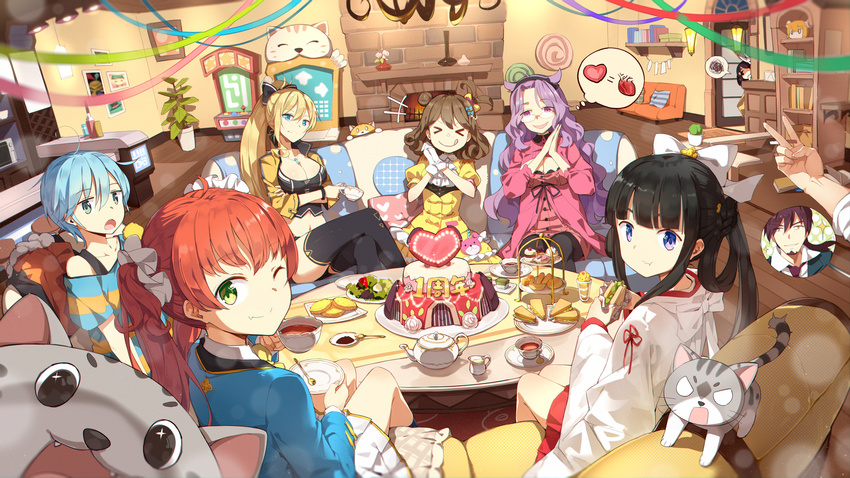 &gt;_&lt; 6+girls :q :t ahoge anniversary bangs black_hair black_legwear blazer blue_hair bow braid breasts brown_hair cake cake_stand cat cleavage closed_mouth collarbone commentary couch creamer_(vessel) crop_top cropped_jacket crossed_legs cup curly_hair d: eyebrows_visible_through_hair facial_hair fang_out food goatee green_eyes hair_bow hair_bun hair_ornament hair_rings hair_scrunchie hakama_skirt heart highres holding holding_cup holding_food indoors jacket japanese_clothes jitome large_breasts lf living_room long_hair looking_back miko miniskirt multiple_girls off-shoulder_shirt off_shoulder on_couch one_eye_closed one_side_up open_mouth orange_hair out_of_frame parfait pastry photobomb pleated_skirt pov purple_eyes purple_hair rimless_eyewear sandwich saucer scrunchie shaonyu_cofee_gun shirt short_hair side_bun side_ponytail sidelocks sitting skirt sleeves_past_elbows spoken_squiggle spoon squiggle striped striped_shirt tareme teacup teapot teeth thighhighs thought_bubble tiered_tray tongue tongue_out v-shaped_eyebrows wallpaper wavy_hair white_scrunchie white_skirt wide_sleeves yellow_bow