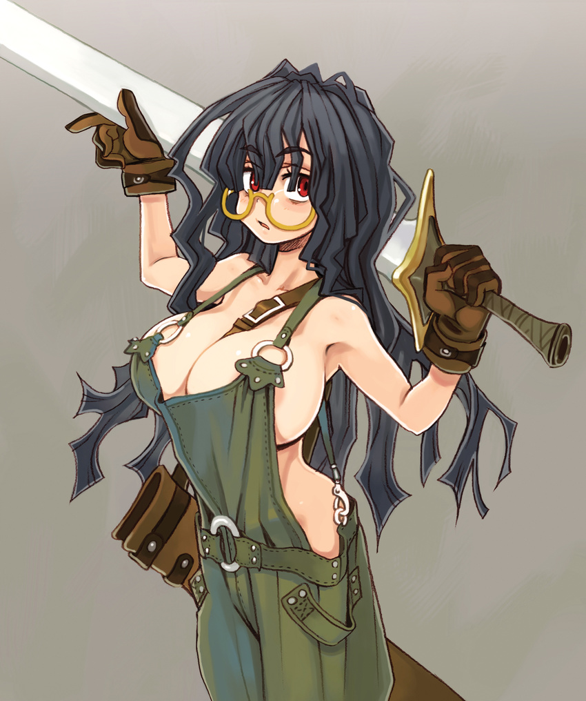 areola_slip areolae bag between_breasts black_hair breasts cleavage cowboy_shot end_breaker! eyebrows_visible_through_hair glasses gloves highres holding holding_sword holding_weapon huge_weapon large_breasts logo long_hair looking_at_viewer messy_hair naked_overalls naked_suspenders o-ring official_art overalls red_eyes round_eyewear ryoji_(nomura_ryouji) scabbard semi-rimless_eyewear sheath shoulder_bag simple_background solo suspenders sword under-rim_eyewear weapon yellow-framed_eyewear