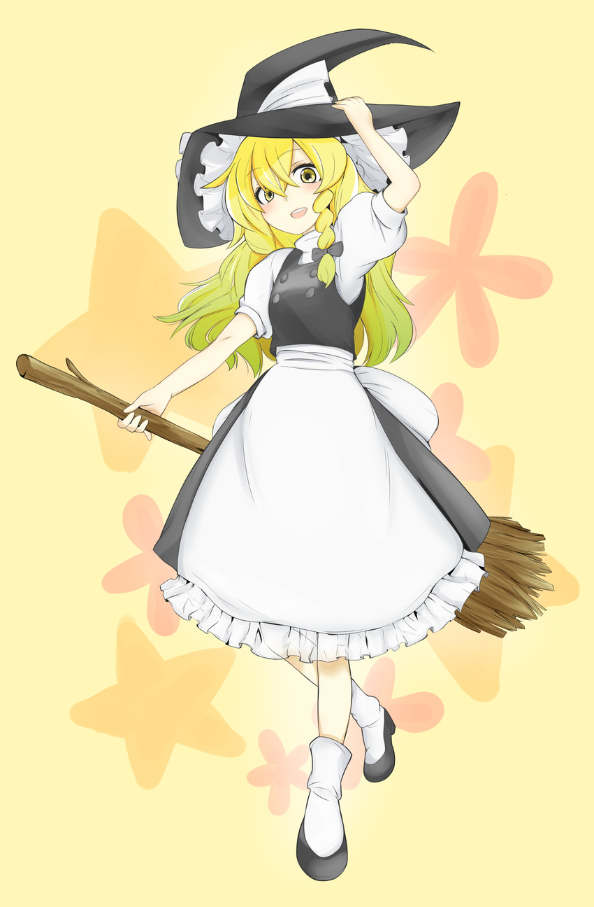 absurdres apron bangs black_bow black_footwear black_hat black_skirt black_vest bow braid broom commentary_request eyebrows_visible_through_hair full_body hair_between_eyes hair_bow hand_on_headwear hat highres holding hoshikawa_(hoshikawa_gusuku) kirisame_marisa long_hair looking_at_viewer medium_skirt open_mouth puffy_short_sleeves puffy_sleeves shirt shoes short_sleeves skirt skirt_set socks standing star starry_background touhou vest white_legwear white_shirt witch_hat yellow_background