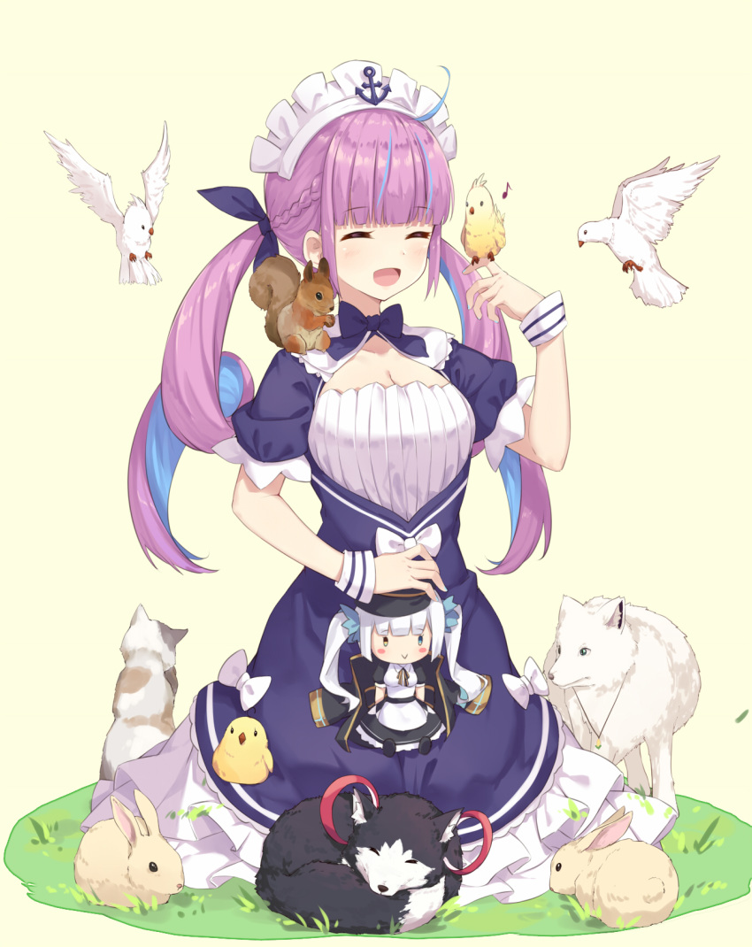 1girl :&gt; :d ^_^ anchor animal animal_ear_fluff animal_on_shoulder bangs beige_background bird bird_on_finger bird_request blue_eyes blue_hair blue_nails blunt_bangs blush blush_stickers bow braid breasts brown_eyes bunny cat character_doll chick cleavage closed_eyes closed_mouth commentary_request dog dress eyebrows_visible_through_hair eyes_closed facing_away fingernails hair_ribbon hand_up heterochromia highres hololive kagura_mea kagura_mea_channel minato_aqua multicolored_hair nail_polish neps-l on_finger on_grass on_shoulder open_mouth pink_hair puffy_short_sleeves puffy_sleeves purple_bow purple_dress purple_ribbon ribbon short_sleeves sidelocks small_breasts smile squirrel streaked_hair twintails two-tone_hair virtual_youtuber white_bow white_hair wolf