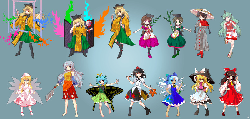 absurdres ajirogasa alphes_(style) animal_ears apron aqua_eyes aura bamboo barefoot black_footwear black_hair black_legwear blonde_hair blue_dress blue_eyes blue_hair boots bow braid brown_eyes brown_hair butterfly_wings buttons cirno commentary_request detached_sleeves door dress drum eternity_larva flower full_body geta green_eyes green_hair green_skirt grey_hair hair_bow hair_tubes hakurei_reimu hand_on_hip hands_on_hips hat hat_ribbon hidden_star_in_four_seasons highres holding horn ice ice_wings instrument kaoru_(gensou_yuugen-an) kirisame_marisa komano_aun leaf_fan lily_white long_hair long_sleeves looking_at_viewer mary_janes matara_okina multiple_girls nishida_satono no_socks open_mouth orange_eyes outstretched_arm outstretched_arms parody paw_pose pen pink_eyes pom_pom_(clothes) red_eyes red_legwear red_shirt red_skirt ribbon sakata_nemuno sandals scarf shameimaru_aya shirt shoes short_dress short_hair short_sleeves shorts sitting skirt smile standing style_parody sunflower tabard tabi tachi-e tan tanned_cirno teeth teireida_mai touhou twin_braids white_footwear white_legwear white_shorts wide_sleeves wings yatadera_narumi