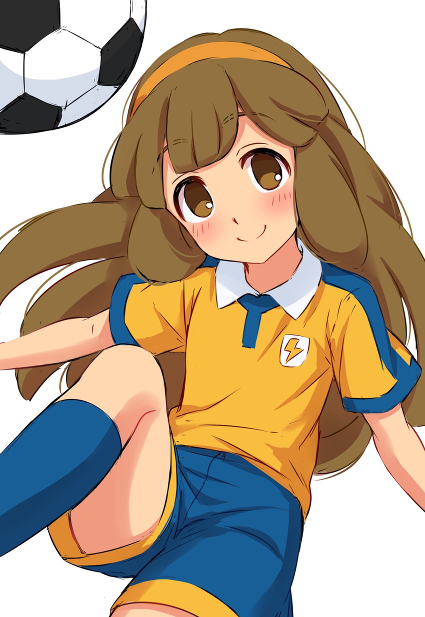 ball bangs blue_legwear blue_shorts blush brown_eyes brown_hair closed_mouth collared_shirt cowboy_shot eyebrows_visible_through_hair feet_out_of_frame hairband head_tilt highres inazuma_eleven_(series) inazuma_eleven_go lightning_bolt long_hair looking_at_viewer nanobana_kinako orange_hairband sekina shirt shorts simple_background smile soccer_ball socks solo white_background wing_collar yellow_shirt