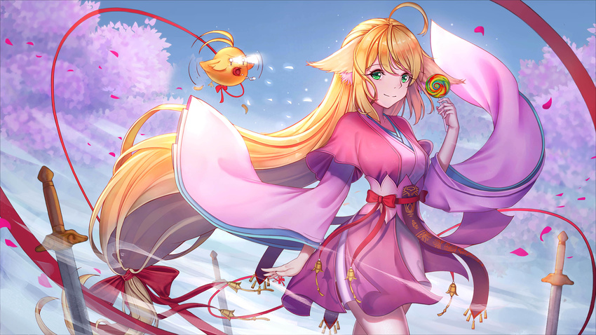 absurdres ahoge animal_ears bell blonde_hair candy chinese_clothes food fox_ears green_eyes highres huyao_xiao_hongniang j_junz lollipop long_hair low-tied_long_hair red_ribbon ribbon swirl_lollipop sword tushan_susu very_long_hair weapon white_background