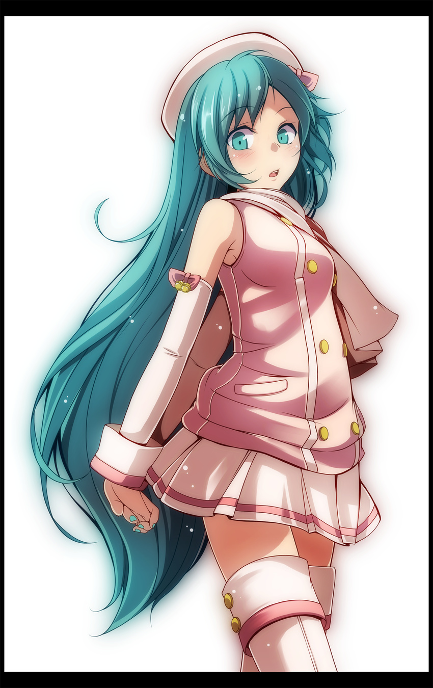 :o absurdres alternate_hairstyle aqua_eyes aqua_hair aqua_nails arms_behind_back bare_shoulders bell beret black_border blush border bow breasts brown_scarf cowboy_shot detached_sleeves double-breasted eyebrows_visible_through_hair hair_down hat hat_bow hatsune_miku highres jingle_bell long_hair long_sleeves looking_at_viewer miniskirt nail_polish open_mouth own_hands_together pink_bow pleated_skirt powder_(module) project_diva_(series) project_diva_x round_teeth scarf simple_background skirt small_breasts solo standing tareme teeth thighhighs thighs tsukishiro_saika very_long_hair vocaloid white_background white_hat white_skirt zettai_ryouiki