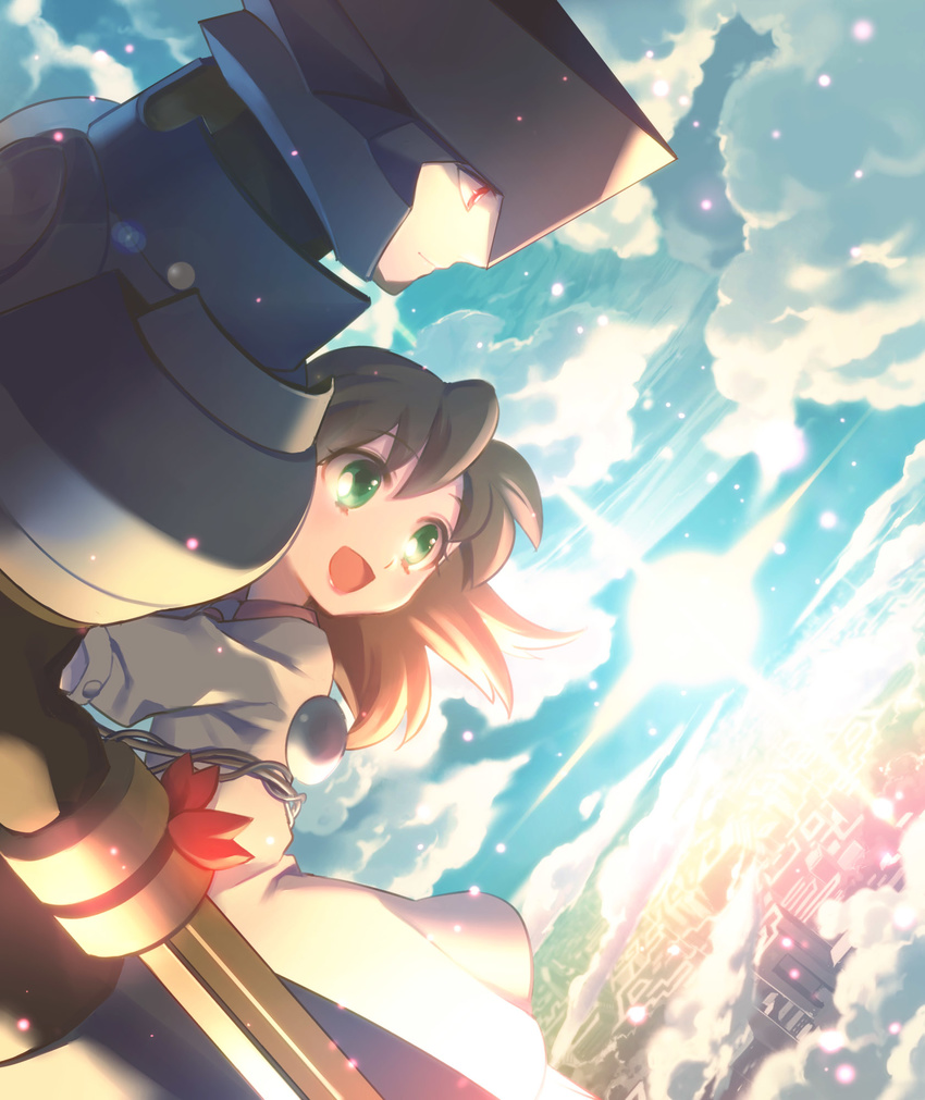 1girl :d armor asagi_marin brigadoon brown_hair cloud day dress flying green_eyes happy highres long_hair melan_blue open_mouth red_eyes sky smile sword tetsukuzu_tetsuko weapon white_dress