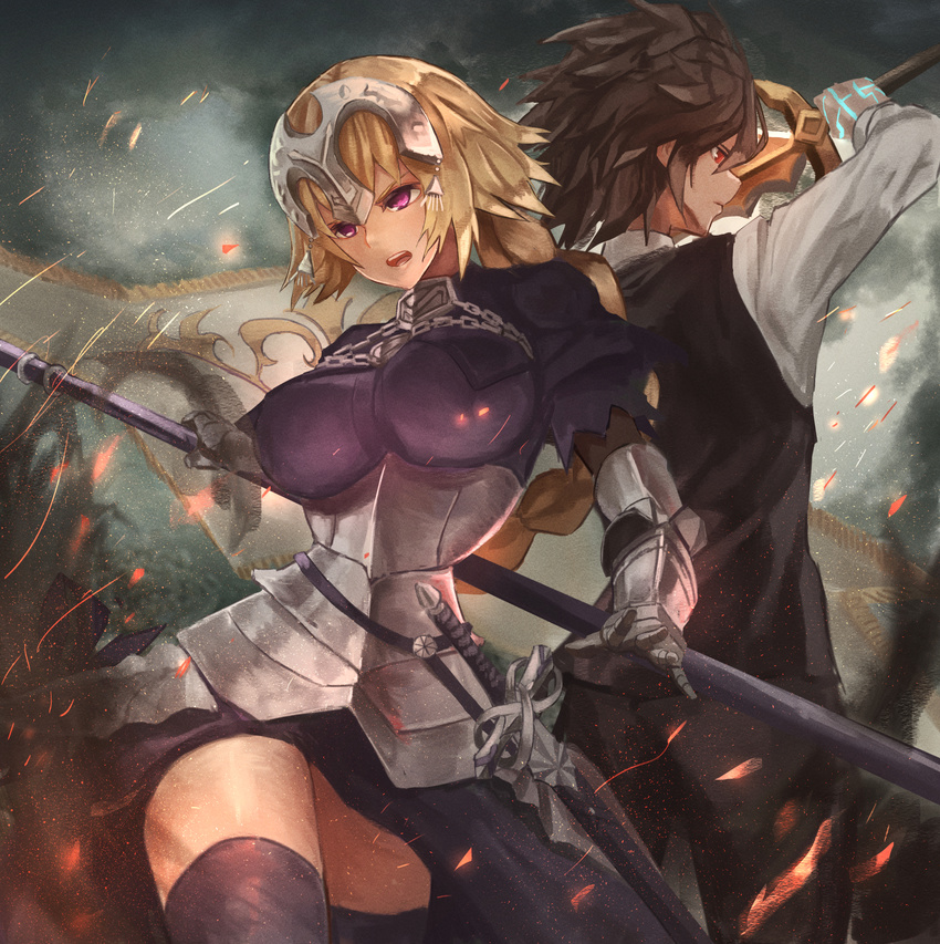 armor fate/apocrypha fate/stay_night jeanne_d'arc jeanne_d'arc_(fate/apocrypha) plaster_(2501) sieg_(fate/apocrypha) sword thighhighs