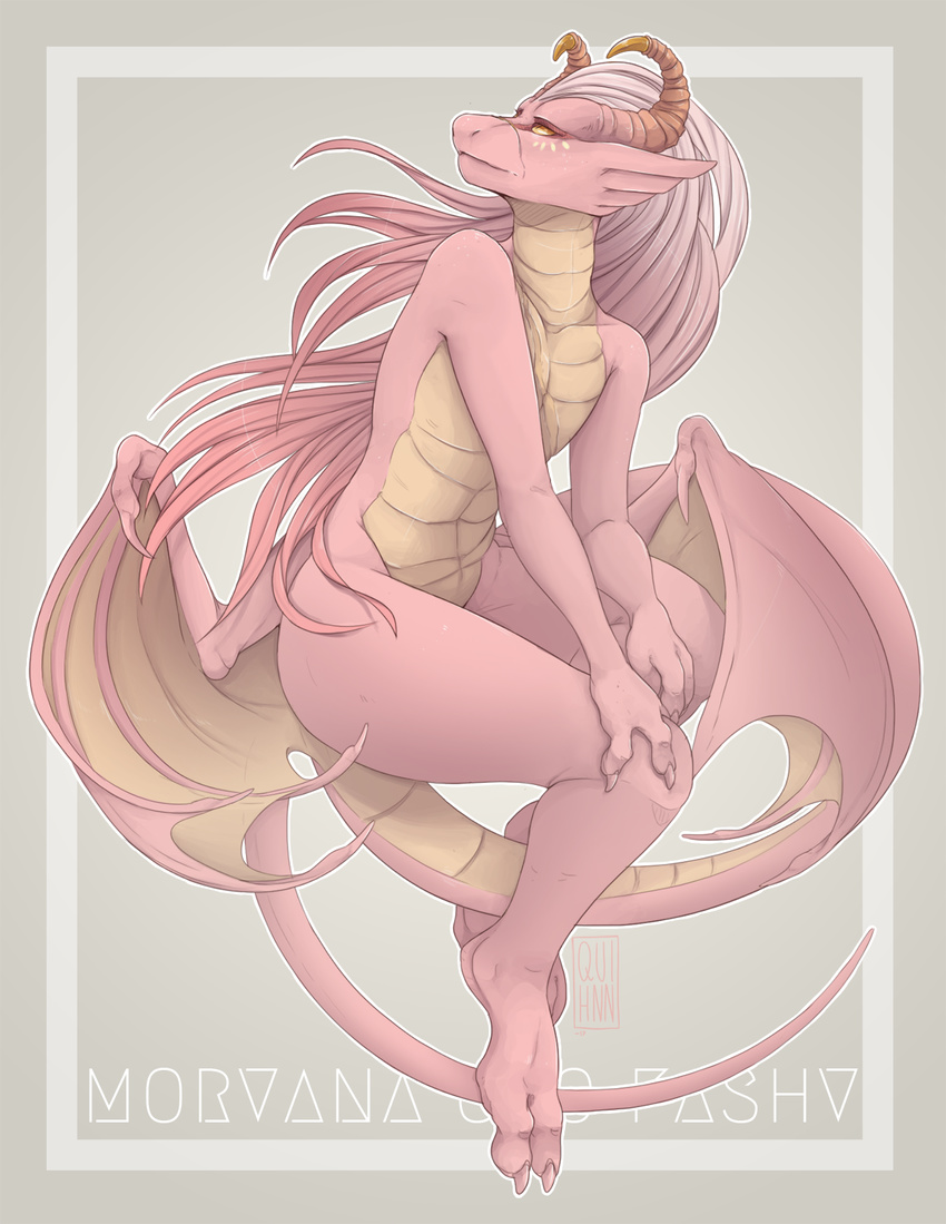 2017 2_toes 3_fingers ambiguous_gender anthro belly_scales biped border character_name cheek_tuft claws curved_horn detts digital_drawing_(artwork) digital_media_(artwork) digitigrade dragon english_text facial_markings facial_scar flat_chested floating front_view frown full-length_portrait girly grey_background hair horn long_hair looking_away markings membranous_wings morvana_(detts) multicolored_scales nude orange_horn outline pink_claws pink_hair pink_scales pink_wings portrait ridged_horn scales scalie scar simple_background slim slit_pupils solo suspended_in_midair tan_scales tan_wings text toe_claws toes tuft two_tone_scales two_tone_wings western_dragon wings yellow_markings yellow_sclera