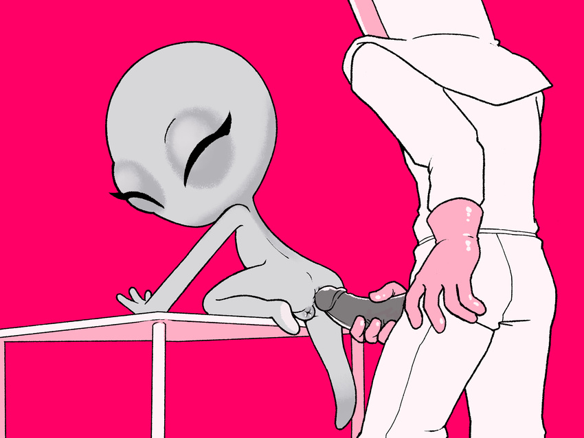alien alien_girl_(gaturo) anus clothing duo eyelashes eyes_closed faceless_male female female_focus gaturo gloves gray_alien grey_skin human human_on_humanoid humanoid interspecies larger_male male male/female mammal not_furry penis pussy simple_background size_difference smaller_female solo_focus table toeless unusual_pussy