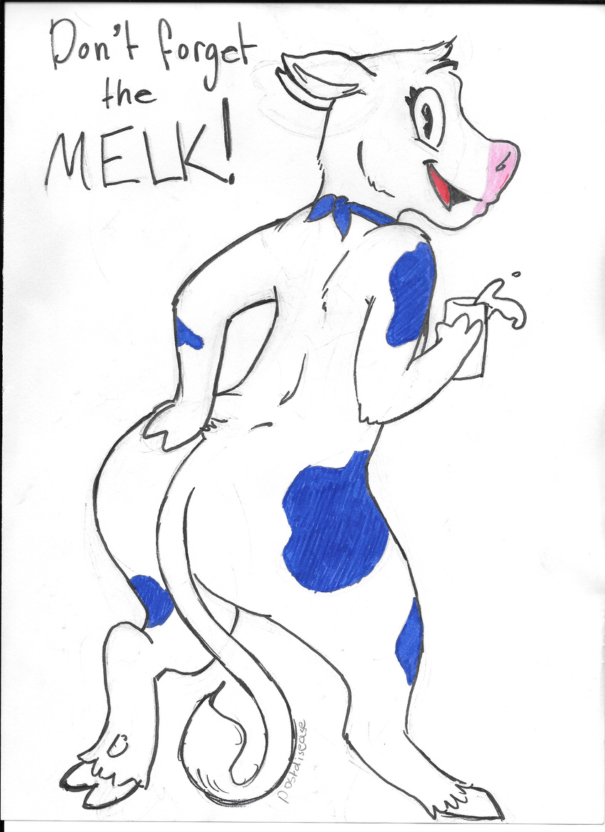 2017 bandanna blue_fur bovine butt cattle female fur hand_on_butt hooves lactaid lactaid_cow looking_back mammal milk postdisease simple_background text thick_thighs traditional_media_(artwork) white_background wide_hips