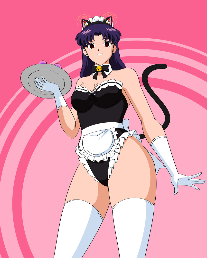 animal_ears apron bowtie brown_eyes cat_ears cat_tail detached_collar empty_eyes gloves hypnosis jimryu katsuragi_misato leotard long_hair maid maid_headdress maid_outfit mind_control neon_genesis_evangelion purple_hair tail thighhighs trsy waist_apron white_gloves white_legwear