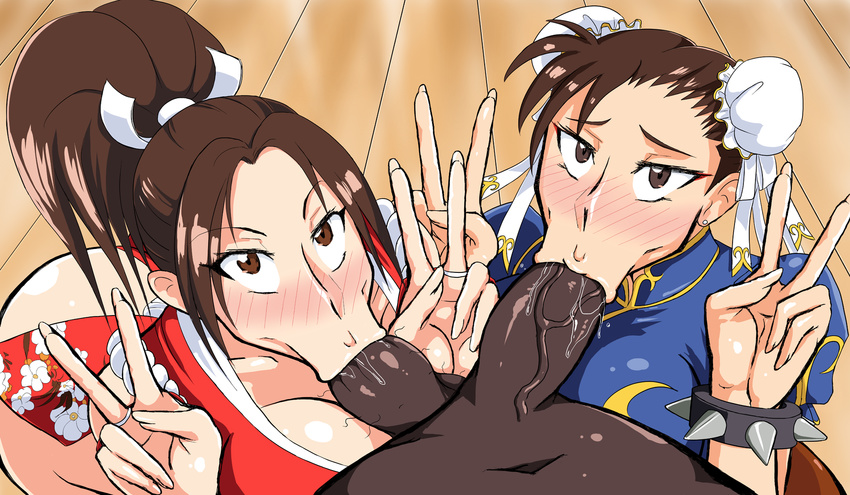 1boy 2girls 90s :&gt;= ass blush breasts brown_eyes brown_hair capcom china_dress chinese_clothes chun-li cleavage clothed_female_nude_male clothed_sex dark_penis dark_skin dark_skinned_male darm_engine double_bun double_v fatal_fury fellatio fingernails hair_ribbon hairy high_ponytail japanese_clothes kneeling large_breasts licking long_nails looking_at_viewer makeup male_pubic_hair multiple_girls ninja oral pantyhose peace_sign penis ponytail pov pubic_hair ribbon saliva shiranui_mai snk spiked_bracelet spikes street_fighter street_fighter_ii sucking_testicles testicles the_king_of_fighters uncensored