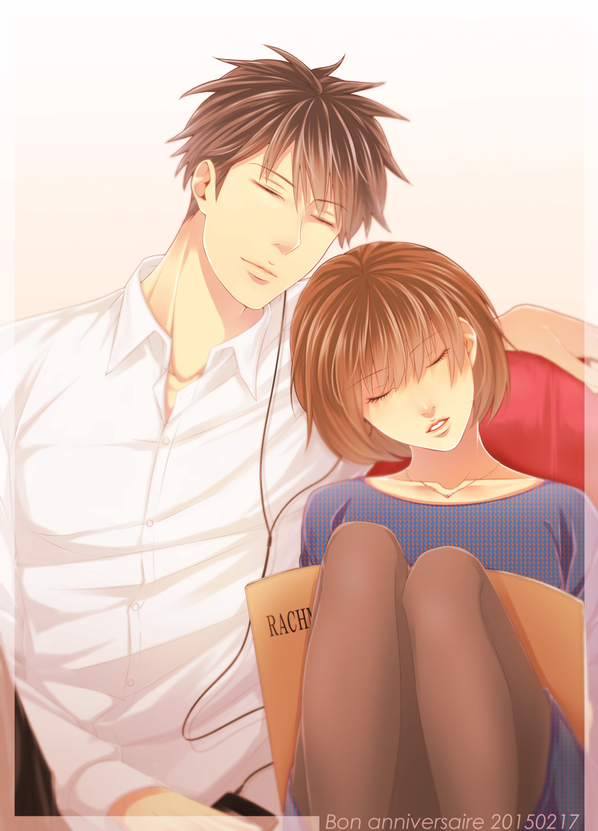 1girl anniversary bad_id bad_pixiv_id brown_hair chiaki_shin'ichi closed_eyes dated digital_media_player earphones facing_viewer french hetero highres noda_megumi nodame_cantabile pantyhose parted_lips sawao_(kenban2) shared_earphones shirt short_hair sitting white_shirt