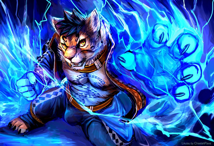 belt bulge cheetahpaws claws clothed clothing clouded_leopard collar countershade_face countershading electricity feline fur hair hood hoodie lightning likulau looking_at_viewer magic male mammal nekojishi open_shirt pecs pink_nose portrait pose signature tattoo whiskers yellow_eyes