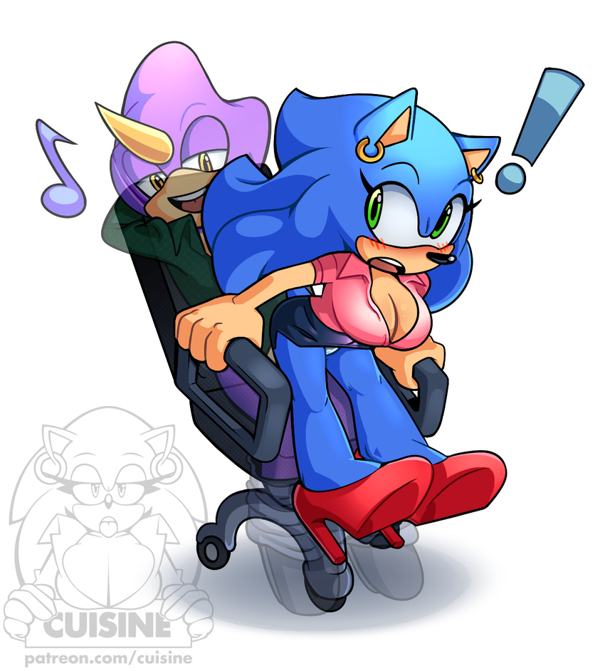 ! blush chair clothing crossgender cuisine espio_the_chameleon female footwear high_heels miniskirt musical_note office office_lady shoes simple_background skirt smile sonic_(series) sonic_the_hedgehog surprise upskirt watermark white_background
