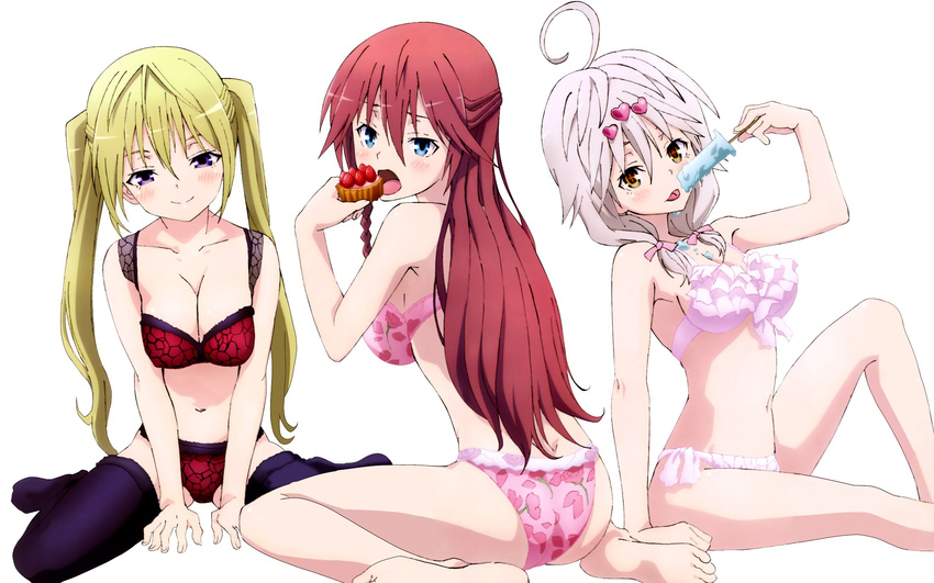 ahoge asami_lilith bangs barefoot between_legs blonde_hair blue_eyes blush bra braid breasts butt_crack cleavage dessert feet floral_print food grin hair_between_eyes hair_ornament hair_over_shoulder hair_ribbon hand_between_legs heart heart_hair_ornament highres kiso_yuuta knees_up kurata_yui lieselotte_sherlock long_hair looking_at_viewer looking_back low_twintails medium_breasts multiple_girls navel non-web_source official_art open_mouth panties pink_bra pink_panties popsicle print_bra print_panties purple_eyes red_bra red_hair ribbon scan sideboob sitting smile soles symbol-shaped_pupils thighhighs thighs tongue tongue_out trinity_seven twintails underwear underwear_only very_long_hair white_background white_hair yellow_eyes