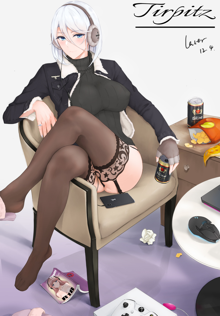 absurdres ass azur_lane beer_can black_jacket black_legwear black_panties black_sweater blue_eyes breasts can chair character_name chips controller covered_nipples crossed_legs fingerless_gloves food fur_trim garter_straps gloves headphones highres jacket jewelry large_breasts looking_at_viewer magazine messy military_jacket mouse namesake nightstand no_pants open_clothes open_jacket panties potato_chips ribbed_sweater ring rosaline short_hair single_glove sitting smile solo sweater thighhighs tirpitz_(azur_lane) tirpitz_(zhan_jian_shao_nyu) turtleneck turtleneck_sweater underwear white_hair zhan_jian_shao_nyu