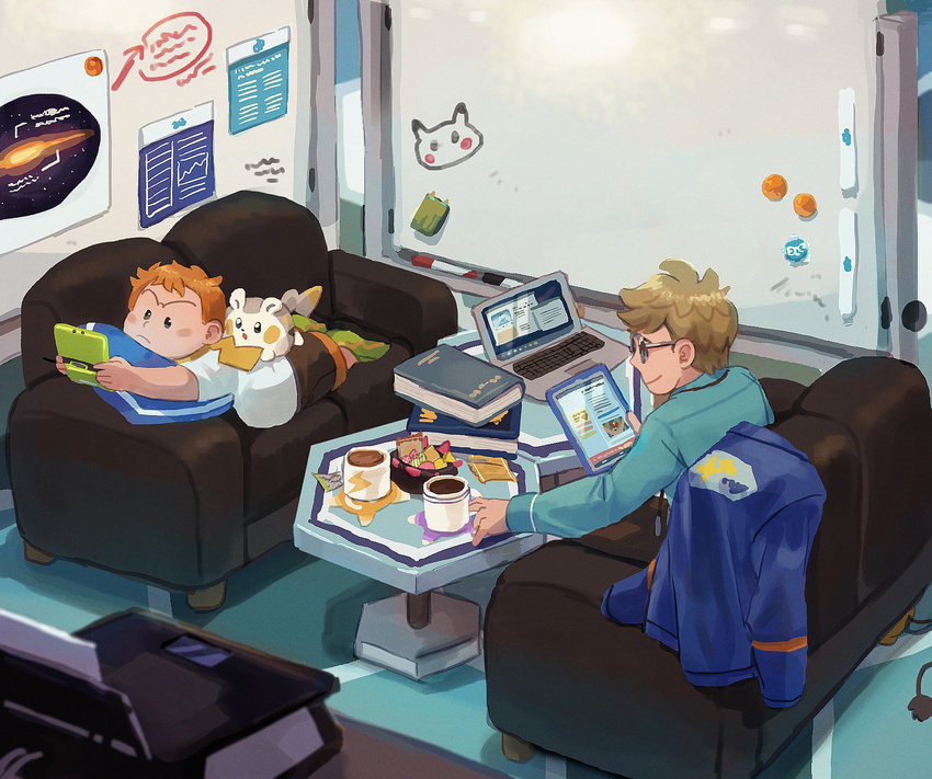 blonde_hair blue_jacket book book_stack computer couch cup elizabeth_(tomas21) gen_7_pokemon glasses handheld_game_console highres jacket jacket_removed laptop lying male_focus mamane_(pokemon) mug mullein_(pokemon) multiple_boys nintendo_3ds on_stomach orange_hair pillow pokemon pokemon_(creature) pokemon_(game) pokemon_sm reaching shirt smile solid_oval_eyes t-shirt table tablet togedemaru whiteboard