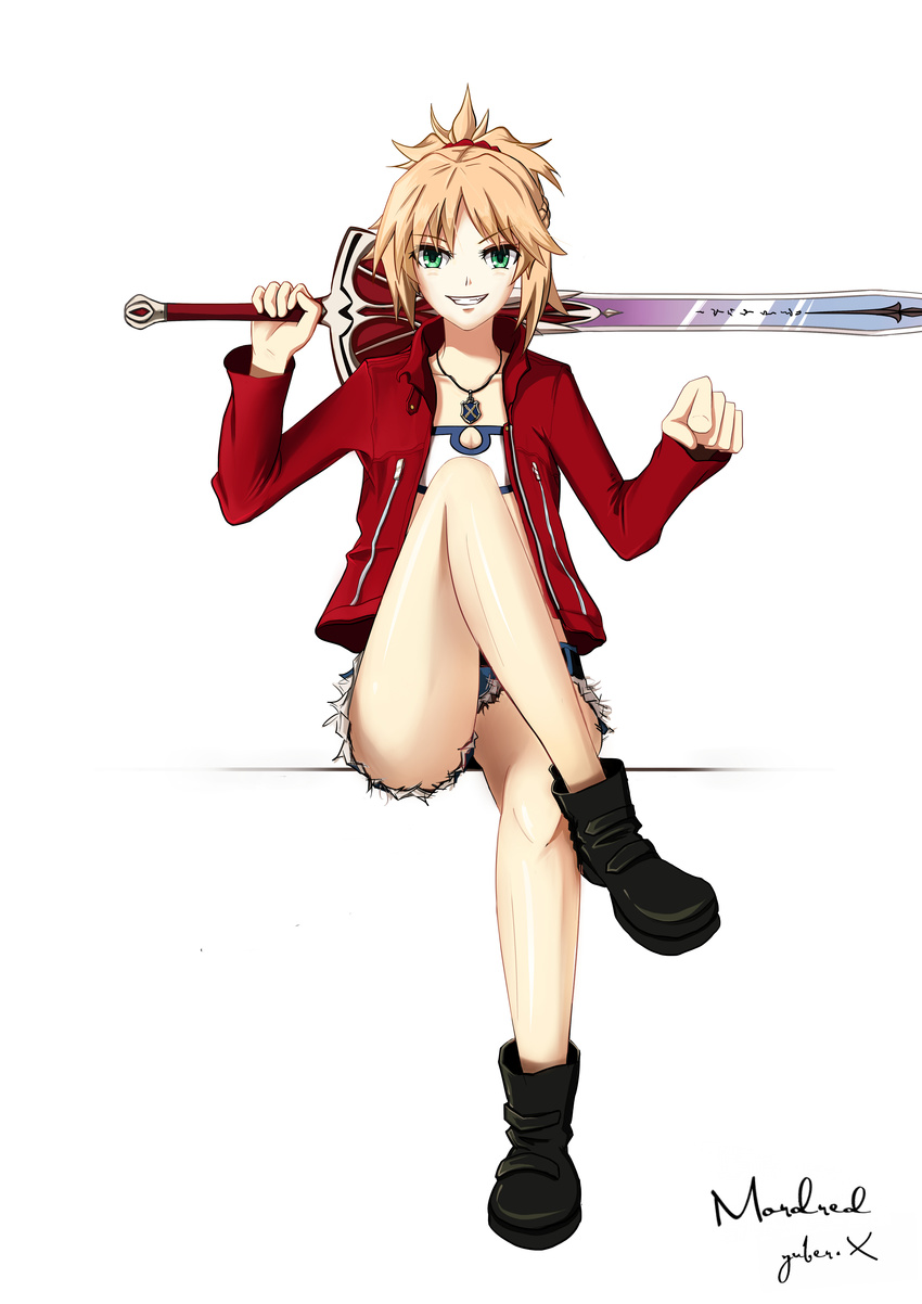 absurdres blonde_hair boots breasts character_name clarent cleavage cleavage_cutout crossed_legs cutoff_jeans cutoffs denim denim_shorts fate/apocrypha fate_(series) green_eyes highres jacket mordred_(fate) mordred_(fate)_(all) over_shoulder pointing pointing_at_viewer red_jacket red_scrunchie scrunchie shorts small_breasts solo sword sword_over_shoulder thighs weapon weapon_over_shoulder white_background yuber.x