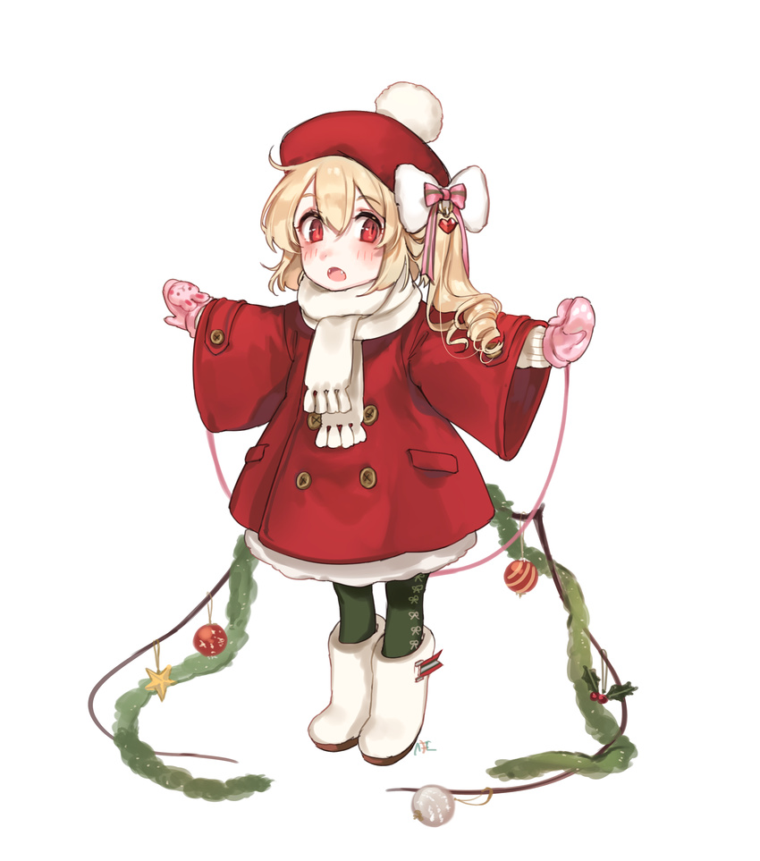 :o absurdres bangs beret blonde_hair blush boots bow bunny christmas_ornaments coat commentary_request eyebrows_visible_through_hair fangs flandre_scarlet green_legwear hair_between_eyes hair_bow hat highres long_hair long_sleeves looking_at_viewer mittens outstretched_arms pantyhose parted_lips pink_mittens pocket red_coat red_eyes red_hat scarf shan side_ponytail simple_background solo spread_arms standing star touhou white_background white_bow white_footwear white_scarf wide_sleeves younger