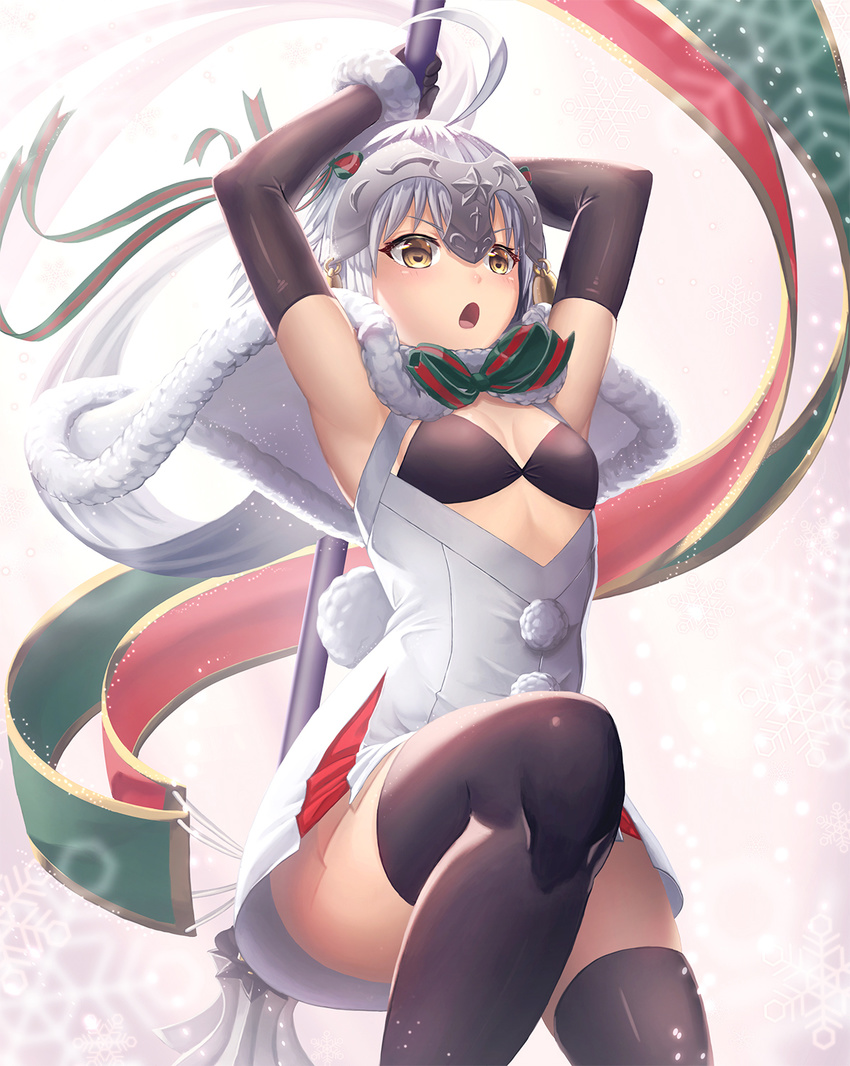 :o ahoge armpits bell black_bikini_top black_gloves black_legwear bow capelet commentary dress elbow_gloves fate/grand_order fate_(series) fur_trim gloves green_ribbon headpiece highres jeanne_d'arc_(fate)_(all) jeanne_d'arc_alter_santa_lily jumping midair nekoneko_jun2_123 polearm ribbon short_dress solo striped striped_bow striped_ribbon thighhighs v-shaped_eyebrows weapon white_capelet white_dress yellow_eyes