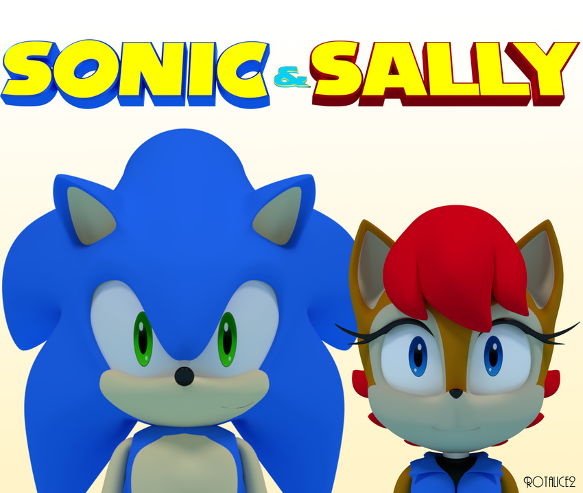 3d_(artwork) archie_comics blue_eyes breasts chipmunk clothed clothing digital_media_(artwork) female green_eyes hair hedgehog male mammal rodent rotalice2 sally_acorn simple_background sonic_(series) sonic_the_hedgehog video_games