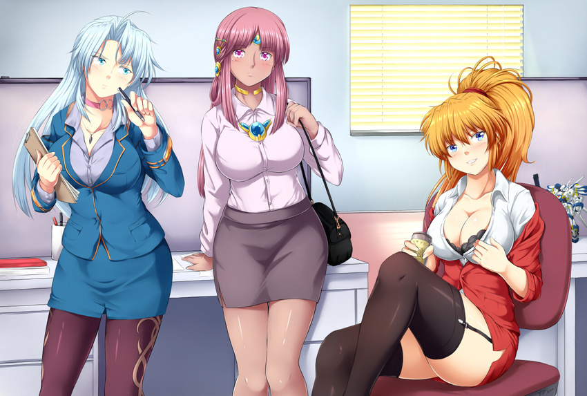 ahoge ariel_org bag black_legwear blinds blonde_hair blue_eyes blue_hair blue_skirt blush breasts calvina_coulange chair choker cleavage clipboard crossover dark_skin desk drink excellen_browning formal garter_straps hair_ornament handbag jewelry large_breasts looking_at_viewer multiple_girls necklace office office_lady pantyhose parted_lips pen pencil_skirt pink_eyes ponytail sitting skirt skirt_suit standing suit super_robot_wars super_robot_wars_og_moon_dwellers thighhighs thighs weissritter yomitrooper