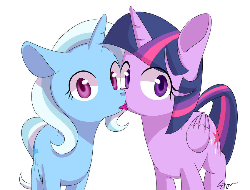 2014 aosion blue_hair cutie_mark duo equine eyelashes feathered_wings feathers female female/female friendship_is_magic hair hi_res horn kissing licking looking_at_viewer mammal multicolored_hair my_little_pony purple_eyes simple_background tongue tongue_out trixie_(mlp) twilight_sparkle_(mlp) unicorn white_background winged_unicorn wings
