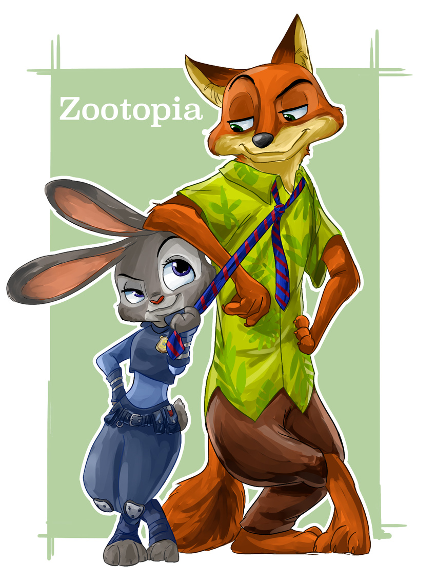 2016 3_toes anthro black_nose border canine claws clothed clothing crossed_legs digital_media_(artwork) digital_painting_(artwork) dipstick_ears disney duo eyelashes fox fur green_background green_eyes hand_on_hip harara hawaiian_shirt inner_ear_fluff judy_hopps lagomorph looking_aside looking_at_another looking_down looking_up mammal necktie necktie_pull nick_wilde orange_fur outline pants pink_nose police_uniform purple_eyes rabbit raised_eyebrow shirt simple_background smile toes uniform white_border zootopia
