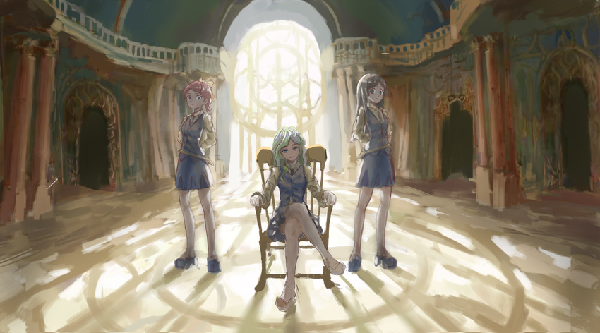 absurdres arms_behind_back barbara_parker blonde_hair blue_eyes brown_hair chair crossed_legs diana_cavendish hanna_england highres la~la little_witch_academia long_hair looking_at_viewer multiple_girls red_hair school_uniform short_hair sitting sketch skirt smile witch