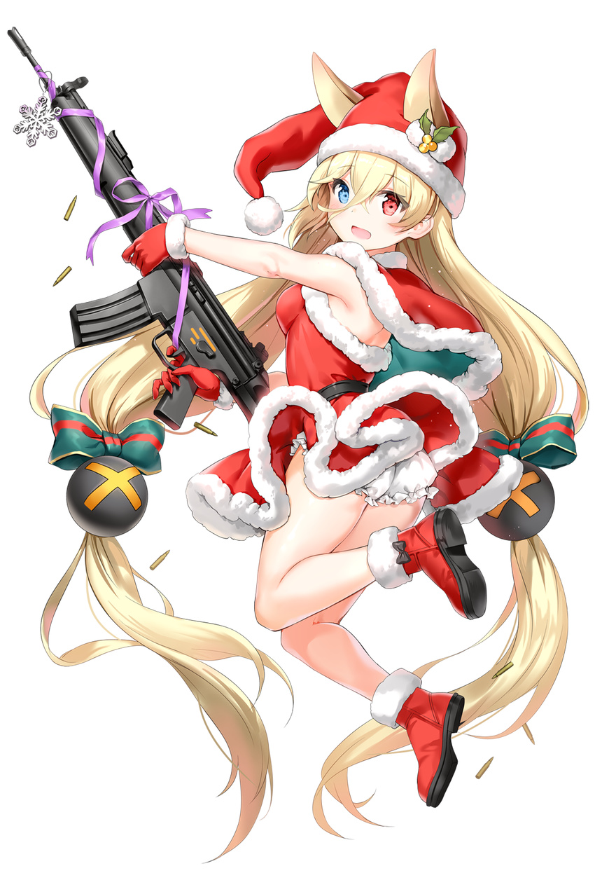 :d animal_ears ankle_boots arm_up ass assault_rifle back bad_id bad_pixiv_id bangs bare_legs belt black_belt blonde_hair bloomers blue_eyes blush boots bow breasts capelet christmas dress ears_through_headwear eyebrows_visible_through_hair fake_animal_ears from_side full_body fur-trimmed_boots fur-trimmed_capelet fur-trimmed_gloves fur_trim g41_(girls_frontline) girls_frontline gloves green_bow gun h&amp;k_g41 hair_between_eyes hair_bobbles hair_bow hair_ornament hat heterochromia highres holding holding_gun holding_weapon holly_hair_ornament long_hair looking_at_viewer low-tied_long_hair marmoset_(marmoset0) open_mouth red_capelet red_dress red_eyes red_footwear red_gloves red_skirt ribbon rifle santa_costume santa_hat shell_casing simple_background skirt small_breasts smile solo striped striped_bow underwear very_long_hair weapon white_background
