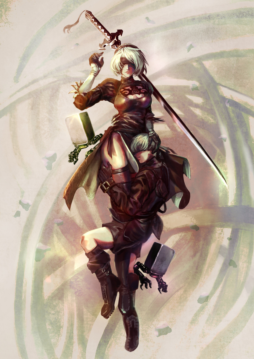 1girl absurdres black_blindfold black_dress black_footwear black_shirt black_shorts blindfold boots breasts breasts_apart commentary crying dress facing_viewer full_body hairband hand_on_another's_head highres hug large_breasts long_sleeves nier_(series) nier_automata parted_lips pelvic_curtain pod_(nier_automata) shirt short_hair shorts sword thigh_boots thighhighs weapon white_hair yan_mei yorha_no._2_type_b yorha_no._9_type_s