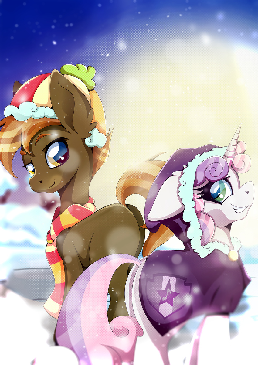 2017 beanie butt button_mash_(mlp) coat cub cutie_mark duo earth_pony equine eyebrows eyelashes female friendship_is_magic green_eyes hair hat hi_res horn horse male mammal multicolored_hair my_little_pony orange_hair outside pony rariedash scarf smile snow sunlight sweetie_belle_(mlp) teeth two_tone_hair unicorn winter yellow_eyes young