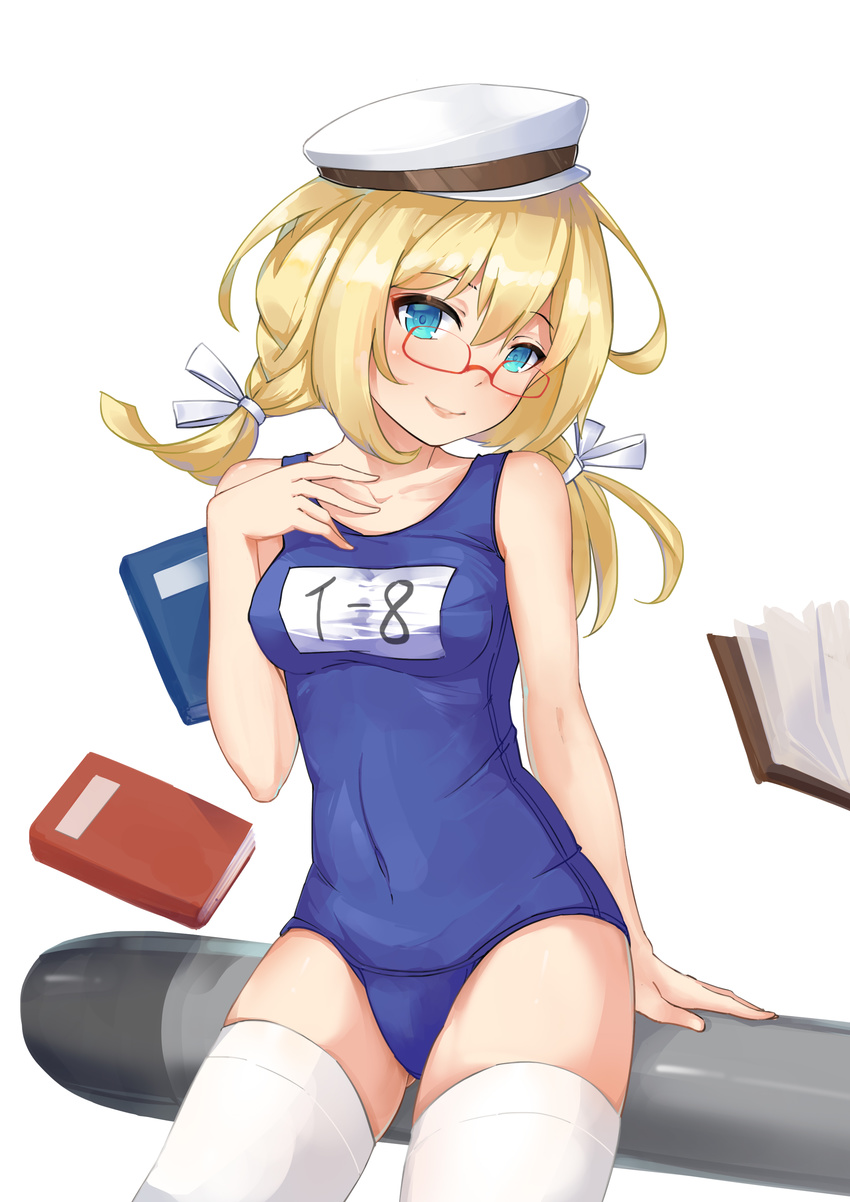 absurdres blonde_hair blue_eyes book glasses gravity-q hand_on_own_chest hat highres i-8_(kantai_collection) kantai_collection looking_at_viewer low_twintails name_tag one-piece_swimsuit peaked_cap red-framed_eyewear sailor_hat school_swimsuit simple_background solo swimsuit thighhighs torpedo twintails white_legwear