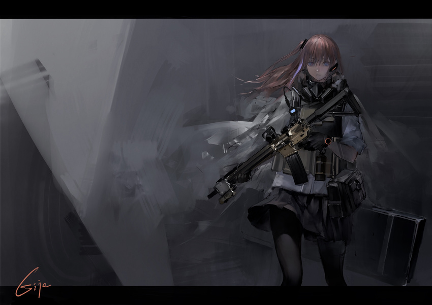 absurdres ar-15 artist_name assault_rifle bad_id bad_pixiv_id black_gloves black_skirt blue_eyes brown_hair commentary floating_hair girls_frontline gloves gun highres holding holding_gun holding_weapon ittou letterboxed load_bearing_vest long_hair looking_at_viewer miniskirt multicolored_hair one_side_up pantyhose pleated_skirt purple_hair rifle skirt solo st_ar-15_(girls_frontline) standing streaked_hair weapon