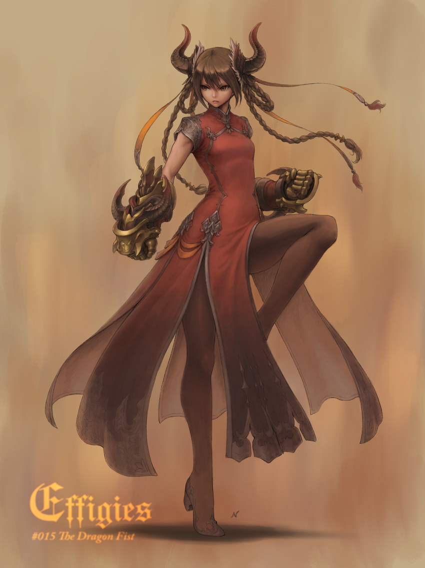 absurdres black_legwear braid breasts brown_eyes brown_hair clenched_hands closed_mouth commentary_request dress english fighting_stance full_body gauntlets hair_between_eyes hair_rings high_heels highres horns leg_up long_hair looking_away nishi number original pantyhose red_dress sepia short_sleeves small_breasts solo standing standing_on_one_leg twin_braids twintails v-shaped_eyebrows very_long_hair white_footwear