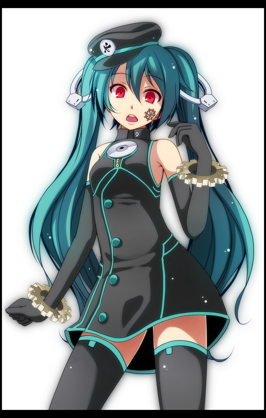 :o absurdres arm_at_side bare_shoulders black_border black_dress black_gloves black_legwear border breasts buttons cd convenient_censoring cowboy_shot dress elbow_gloves eyebrows_visible_through_hair facial_mark gears gloves hair_between_eyes hair_ornament hatsune_miku highres long_hair looking_at_viewer open_mouth project_diva_(series) project_diva_f red_eyes round_teeth sadistic_music_factory_(vocaloid) simple_background sleeveless sleeveless_dress small_breasts solo standing tareme teeth thighhighs tsukishiro_saika twintails very_long_hair vocaloid white_background zettai_ryouiki