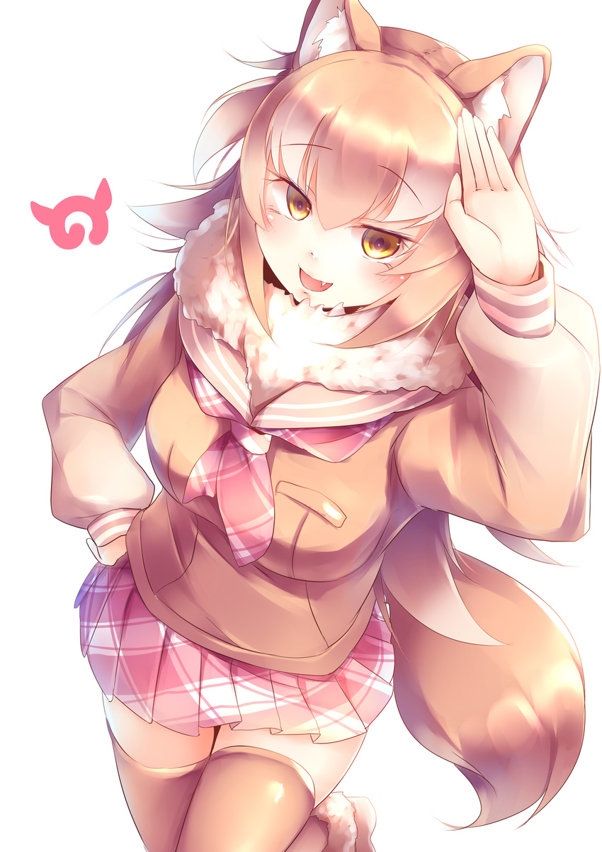 :d absurdres animal_ears commentary_request fang fur_collar hand_on_hip highres japanese_wolf_(kemono_friends) japari_symbol kanzakietc kemono_friends light_brown_hair light_brown_legwear long_hair looking_at_viewer open_mouth orange_eyes plaid plaid_skirt pleated_skirt salute simple_background skirt smile solo tail thighhighs white_background wolf_ears wolf_girl wolf_tail zettai_ryouiki