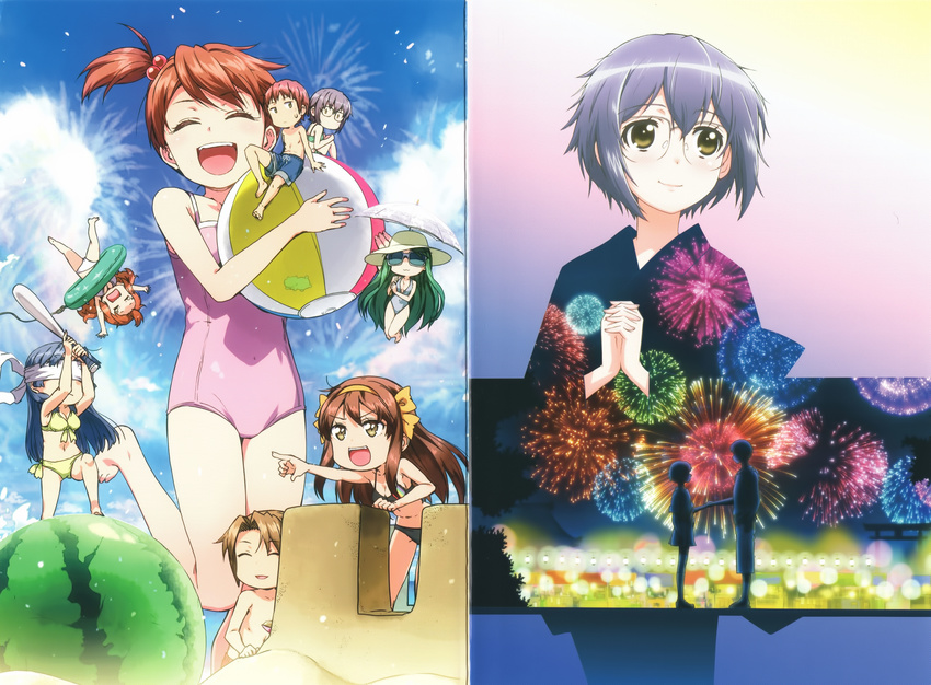 6+girls :d absurdres artist_request asahina_mikuru asakura_ryouko ball baseball_bat beach beachball bikini blindfold blu-ray_cover blue_eyes blue_hair brown_hair chibi collarbone cover day fireworks food fruit glasses green_hair highres holding japanese_clothes kimono koizumi_itsuki kyon kyon_no_imouto laughing long_hair long_sleeves male_swimwear miniboy minigirl multiple_boys multiple_girls nagato_yuki nagato_yuki-chan_no_shoushitsu official_art one-piece_swimsuit open_mouth ponytail purple_hair sand_castle sand_sculpture scan short_hair sidelocks sitting sky smile sunglasses suzumiya_haruhi suzumiya_haruhi_no_shoushitsu suzumiya_haruhi_no_yuuutsu swim_trunks swimsuit swimwear tsuruya very_long_hair watermelon yukata