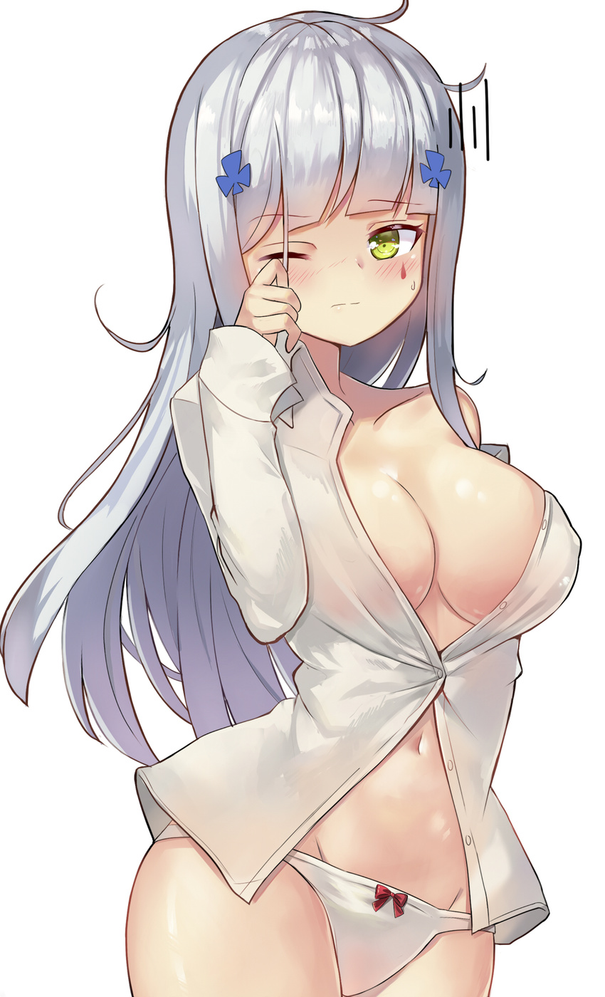 :/ ahoge arm_behind_back bangs blunt_bangs blush bow bow_panties breasts cleavage collarbone commentary contrapposto covered_nipples cowboy_shot dress_shirt eyebrows_visible_through_hair facial_tattoo girls_frontline gloom_(expression) green_eyes groin hair_ornament hair_over_one_eye hand_up highres hk416_(girls_frontline) large_breasts long_hair long_sleeves motokonut navel off_shoulder one_eye_closed open_clothes open_shirt panties partially_unbuttoned see-through shirt silver_hair simple_background sleepy sleeves_past_wrists solo standing sweatdrop tattoo teardrop underwear white_background white_panties white_shirt wiping_eyes