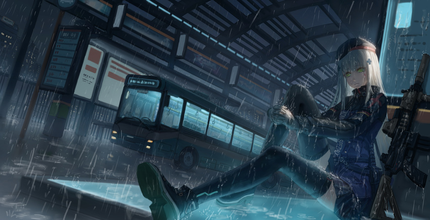 assault_rifle beret black_legwear blue_hair bus bus_stop cityscape closed_mouth combat_knife commentary_request dark dutch_angle evening eyebrows_visible_through_hair eyes_visible_through_hair girls_frontline gloves green_eyes ground_vehicle gun handgun hat heckler_&amp;_koch highres hk416 hk416_(girls_frontline) knee_up knife knife_holster leg_hug long_hair long_legs looking_away magazine_(weapon) motor_vehicle night on_ground outdoors pistol pleated_skirt rain rifle sad shoes sign sitting skirt solo thighhighs thighs water weapon wet wide_shot xukong zettai_ryouiki