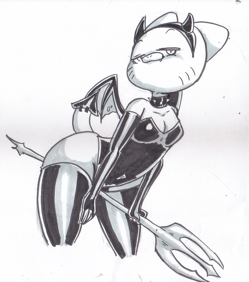 2017 anthro armwear bat_wings breasts cartoon_network cat choker cleavage clothed clothing cosplay digital_media_(artwork) elbow_gloves fangs feline female gloves half-closed_eyes horn leaning leaning_forward leather legwear leotard looking_at_viewer mammal membranous_wings monochrome navel nicole_watterson pitchfork pose seductive slit_pupils smile solo spikes standing succubus the_amazing_world_of_gumball thigh_highs traditional_media_(artwork) voon whiskers wings