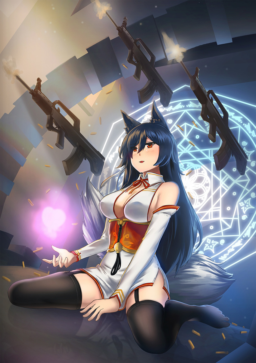 ahri animal_ears assault_rifle atago_(azur_lane) atago_(azur_lane)_(cosplay) azur_lane bare_shoulders black_hair black_legwear breasts bullpup cleavage cosplay creator_connection detached_sleeves energy_ball fangs fox_ears fox_tail gun heart highres large_breasts league_of_legends long_hair miniskirt multiple_tails open_mouth persocon93 qbz-95 rifle skirt slit_pupils solo tail thighhighs weapon yellow_eyes