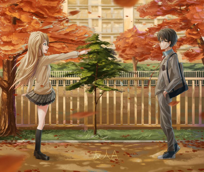 1girl alternate_eye_color arima_kousei autumn_leaves bag black_eyes black_hair black_legwear blonde_hair brown_eyes full_body hand_in_pocket highres kneehighs long_hair long_sleeves miyazono_kawori pointing red_neckwear school_uniform shigatsu_wa_kimi_no_uso shoes tancanyue