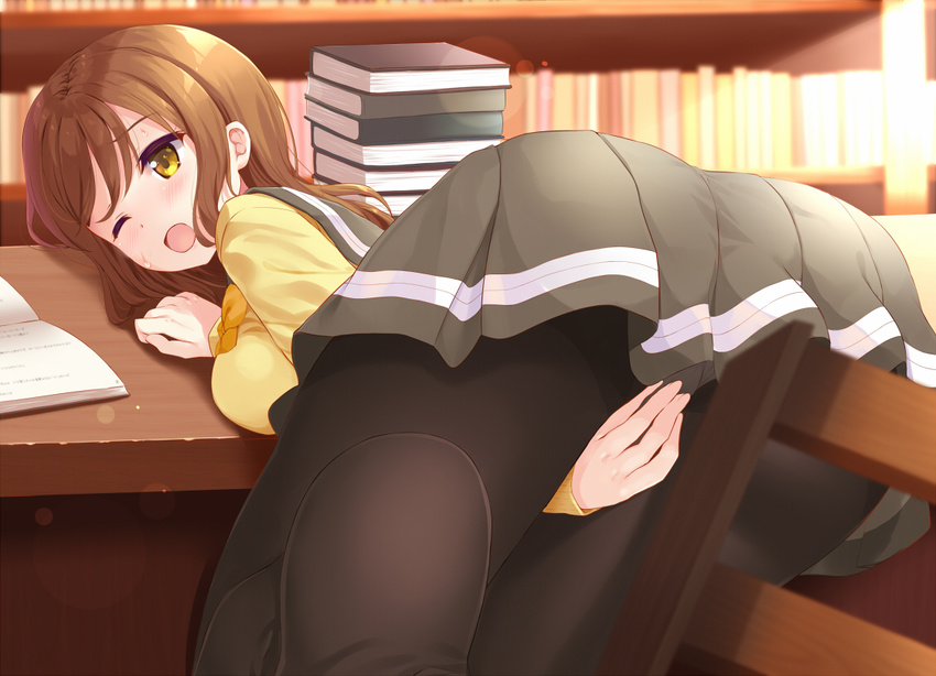 ass bangs black_legwear book_stack bookshelf brown_hair chair clothed_masturbation commentary fingering fingering_through_clothes fingering_through_panties grey_skirt komone_ushio kunikida_hanamaru library long_hair love_live! love_live!_sunshine!! masturbation masturbation_through_clothing one_eye_closed panties panties_under_pantyhose pantyhose pleated_skirt school_uniform serafuku single_stripe skirt solo through_clothes underwear uranohoshi_school_uniform yellow_eyes