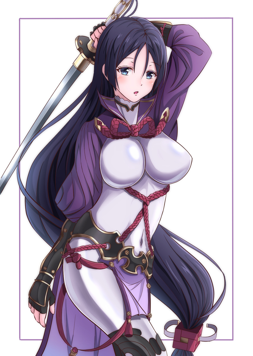 bad_id bad_pixiv_id black_gloves black_hair blue_eyes breasts breasts_apart covered_navel fate/grand_order fate_(series) fingerless_gloves furan_(pixiv20237436) gloves hair_between_eyes highres holding holding_sword holding_weapon large_breasts long_hair low-tied_long_hair minamoto_no_raikou_(fate/grand_order) open_mouth solo standing sword very_long_hair weapon white_background