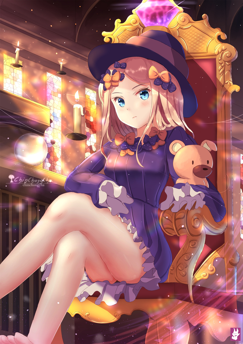 abigail_williams_(fate/grand_order) absurdres arm_rest artist_name bangs bare_legs barefoot blonde_hair blue_eyes blush bow breasts candle chinchongcha closed_mouth commentary_request crossed_legs dress fate/grand_order fate_(series) frilled_dress frills gem hair_bow hat head_tilt highres indoors long_hair long_sleeves looking_at_viewer object_hug orange_bow parted_bangs polka_dot polka_dot_bow purple_bow purple_dress purple_hat signature sitting sleeves_past_wrists small_breasts solo stained_glass stuffed_animal stuffed_toy teddy_bear throne