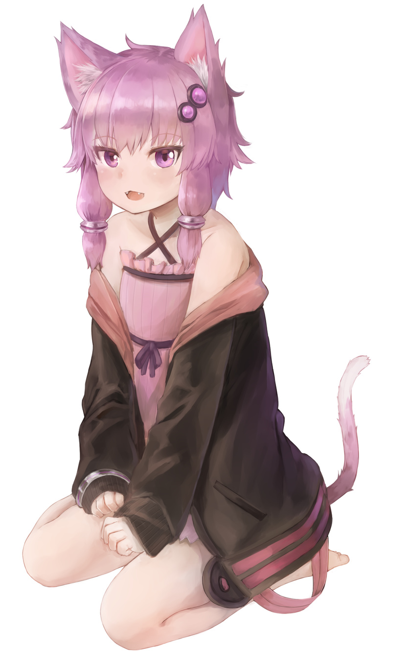 :d animal_ears bangs bare_shoulders barefoot black_jacket cat_ears cat_girl cat_tail collarbone commentary_request criss-cross_halter dress eyebrows_visible_through_hair fangs full_body hair_between_eyes hair_ornament halterneck highres jacket kemonomimi_mode long_hair long_sleeves netamaru off_shoulder open_mouth pink_dress pink_eyes pink_hair simple_background sitting sleeves_past_wrists smile solo tail vocaloid voiceroid wariza white_background yuzuki_yukari