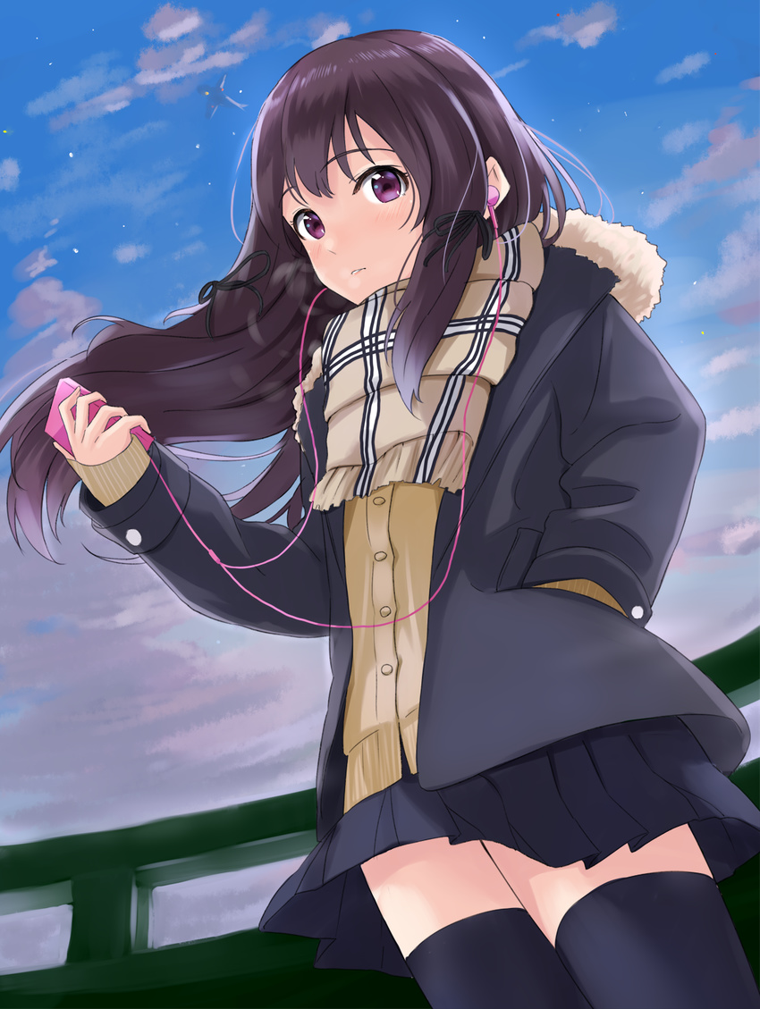 aircraft airplane bad_id bad_pixiv_id bangs black_jacket black_legwear black_ribbon black_skirt blue_sky blush brown_scarf cardigan cloud cloudy_sky commentary_request day digital_media_player dutch_angle earbuds earphones eyebrows_visible_through_hair fingernails hair_ribbon hand_in_pocket hand_up highres holding jacket listening_to_music long_hair long_sleeves looking_at_viewer original parted_lips plaid plaid_scarf pleated_skirt purple_eyes purple_hair railing ribbon scarf sidelocks skirt sky sleeves_past_wrists solo thighhighs tsukiman very_long_hair