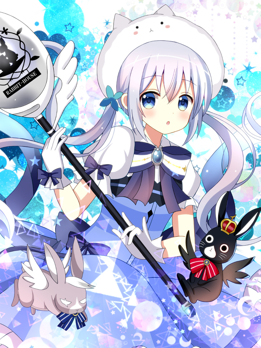 :o animal anko_(gochiusa) bangs black_wings blue_bow blue_eyes blue_hair blue_skirt blue_vest blush bow bunny character_hat crown eyebrows_visible_through_hair gloves gochuumon_wa_usagi_desu_ka? hair_between_eyes highres holding holding_spoon holding_staff kafuu_chino long_hair looking_at_viewer magical_girl md5_mismatch mini_crown parted_lips puffy_short_sleeves puffy_sleeves purple_bow red_bow ryoutan shirt short_sleeves skirt spoon staff striped striped_bow tippy_(gochiusa) twintails very_long_hair vest white_gloves white_shirt white_wings wild_geese wings