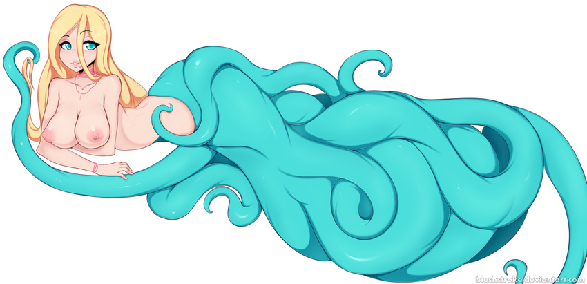 blushstroke breasts cephalopod female hair humanoid lucy_(blushtroke) marine nipples octopus simple_background solo tentacles